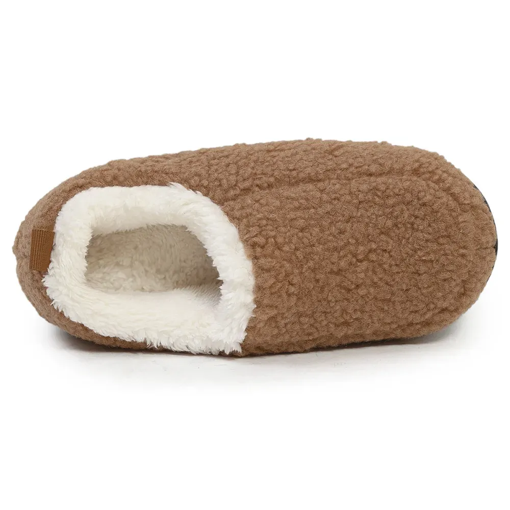 Dark Camel Closed Toe Falt Faux Fur Slippers