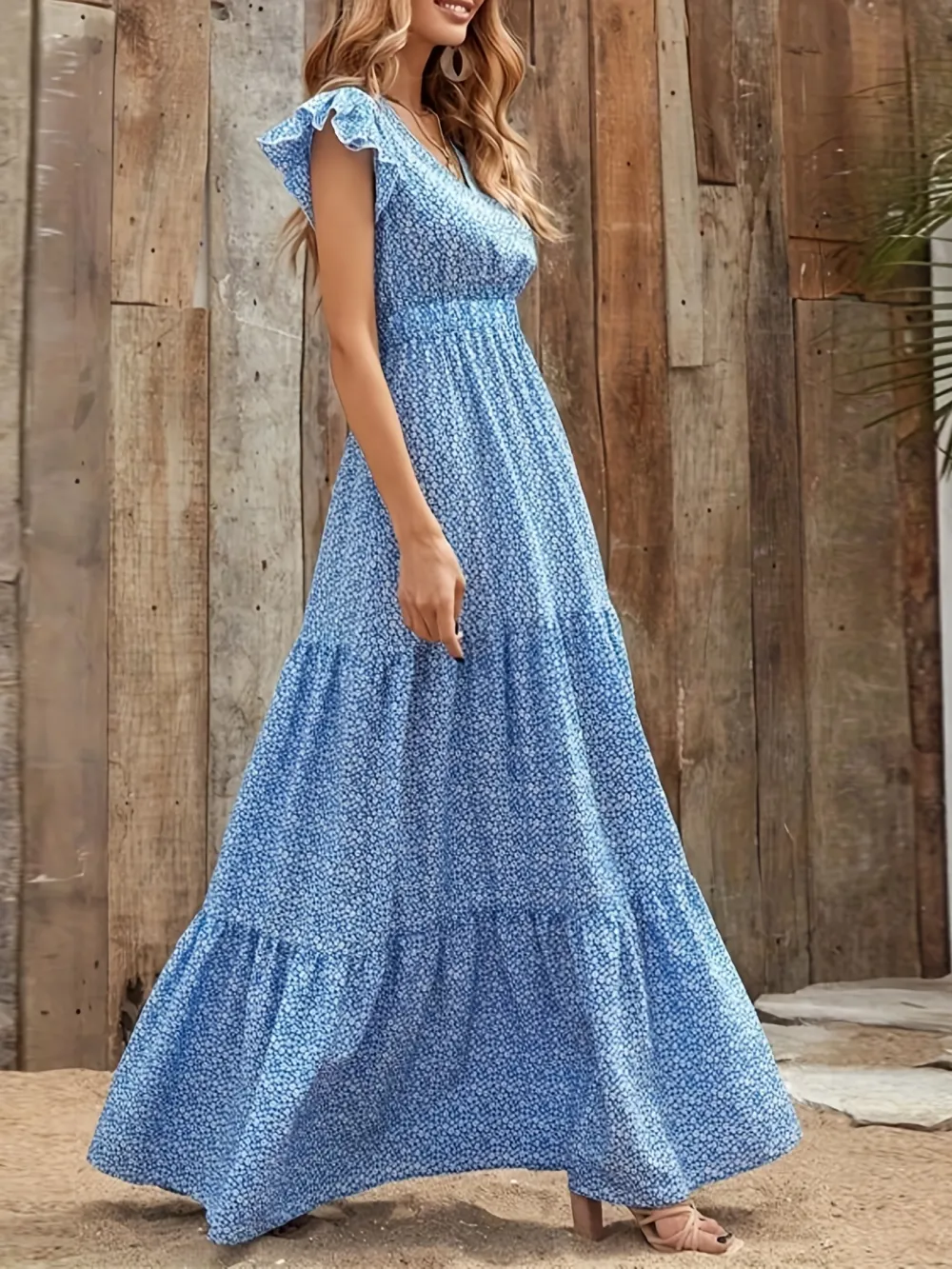 Ditsy Floral Print High Waist Dress, Elegant Ruffle Trim Sleeveless V Neck Maxi Dress, Women's Clothing
