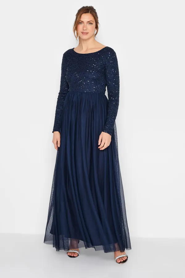 LTS Tall Blush Pink Long Sleeve Sequin Hand Embellished Maxi Dress
