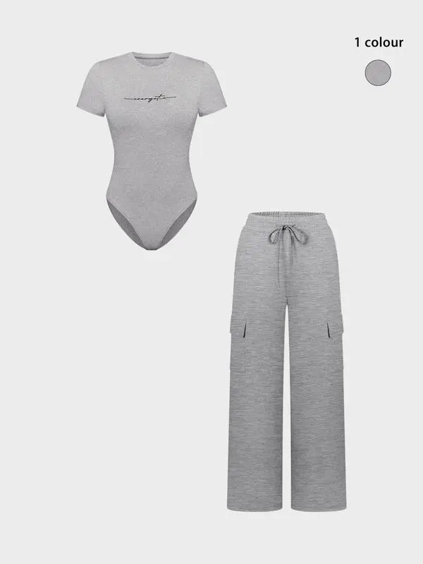Women's Letter Print Bodysuit & Drawstring Pants Set – Casual Y2K Matching Outfit