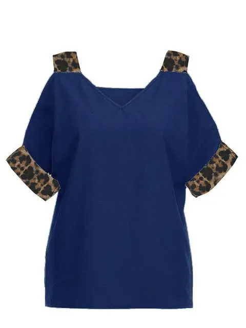 Leopard Print V-neck Cold Shoulder Tops