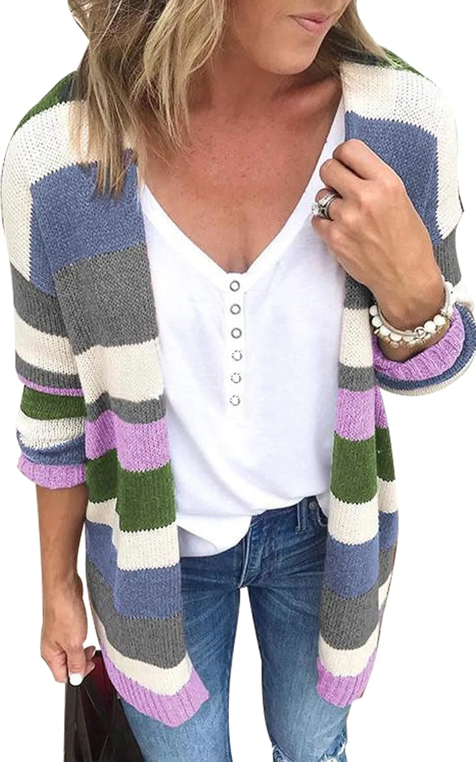 Cardigan Sweaters for Women Lightweight Fall Color Block Striped Long Sleeve Open Front Cozy Knitted Coats Outwear