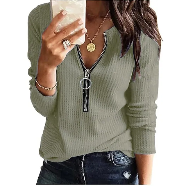 Blouse Women's Olive Green Denim Blue Black Solid / Plain Color Zip Up Daily Basic S