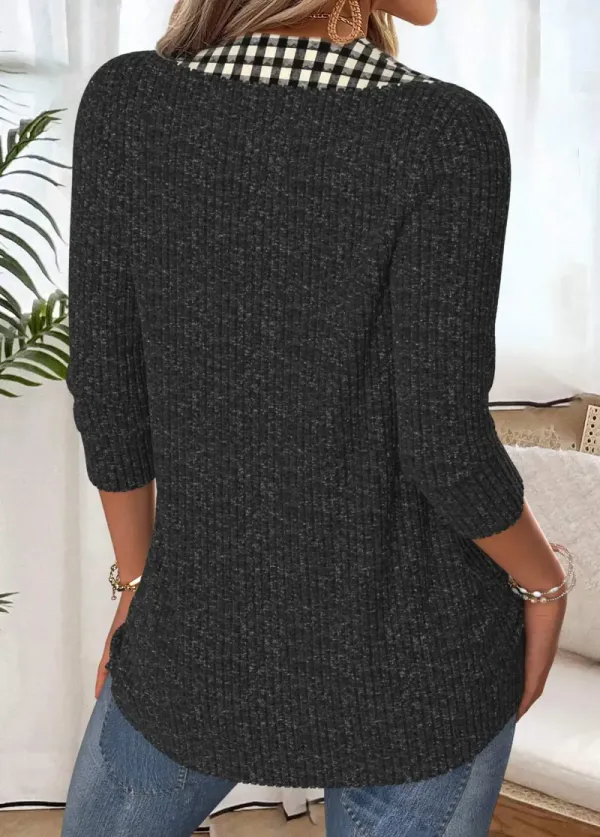 Black Tummy Coverage Plaid 3/4 Sleeve T Shirt