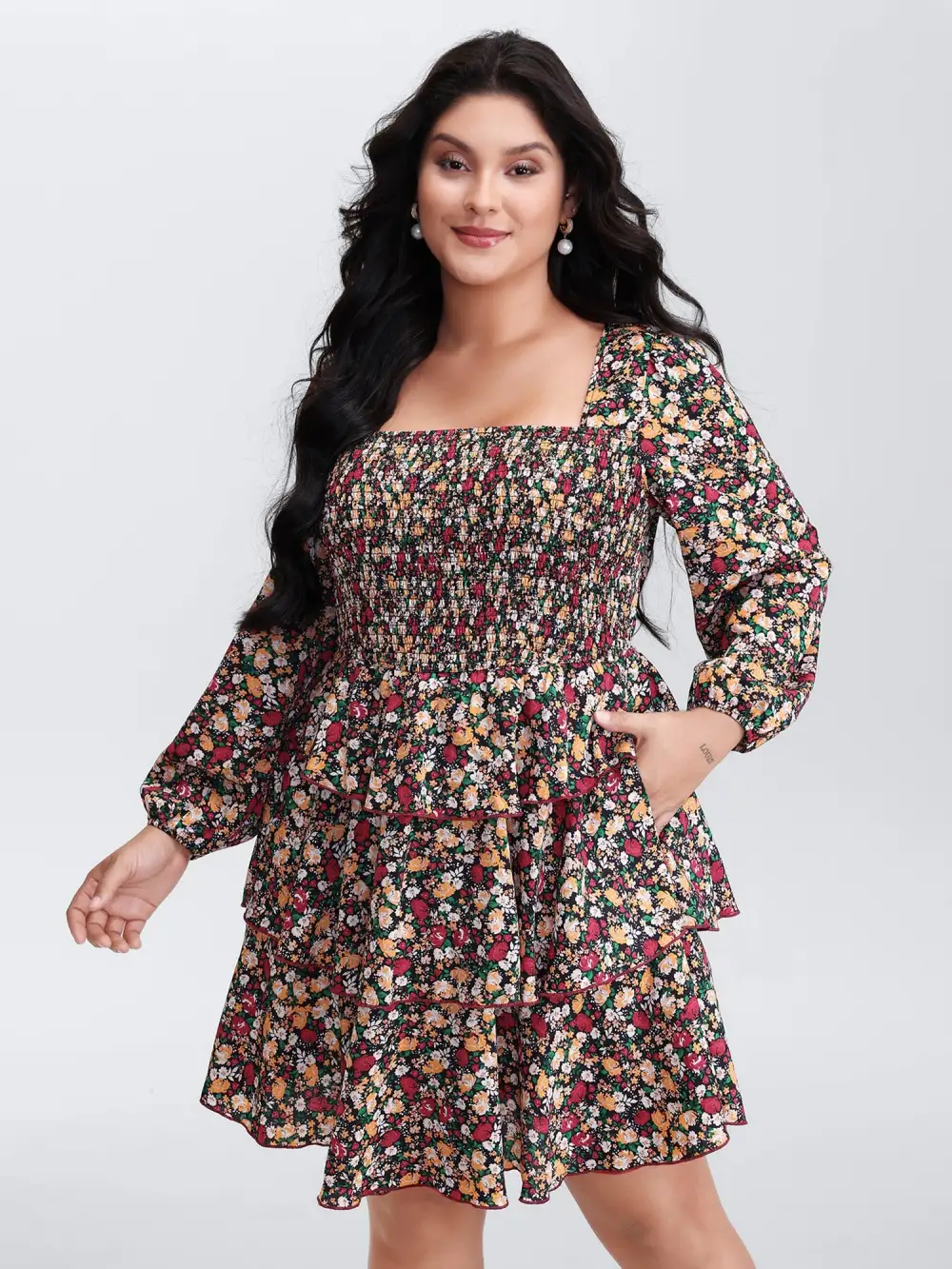 Floral Shirred Layered Skirt Mini Dress