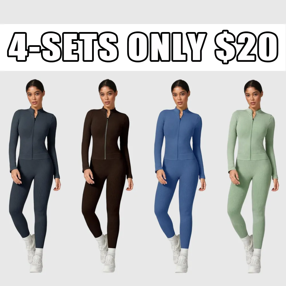 Women's Plain Tracksuit Set, Sports Zip Up Crop Jacket & High Waist Leggings