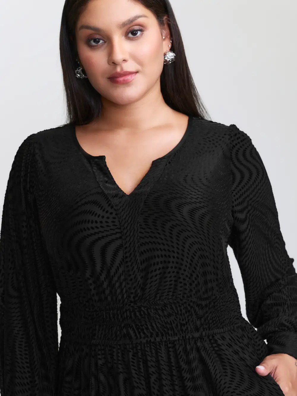 Velvet Laser Cut Ruffled Hem Midi Dress