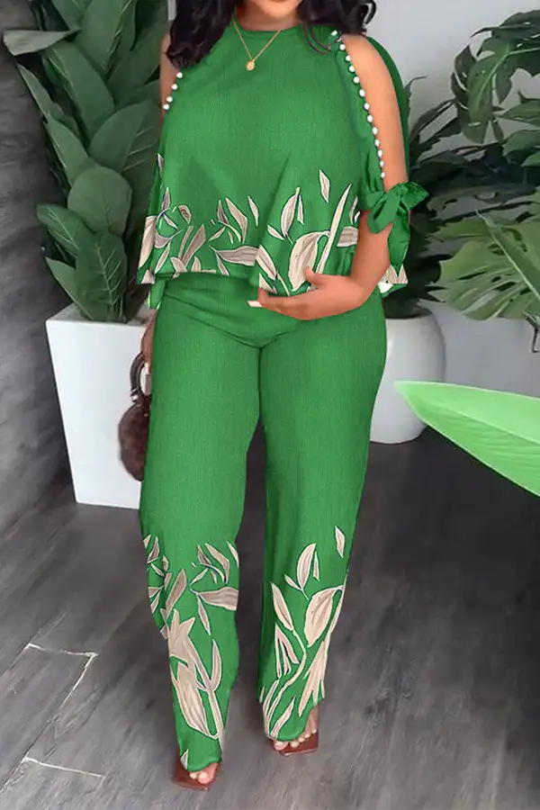 Leaf Print Elegant Beaded Decor Pant Suit