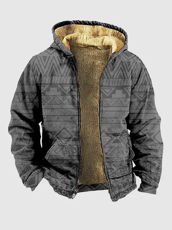 Men's Retro Ethnic Fleece Zip Printed Hoodie Jacket