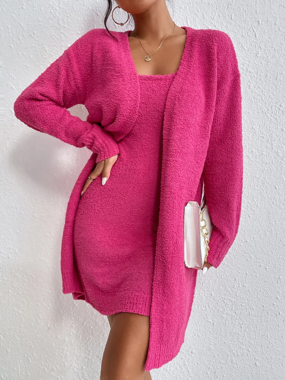 Solid Cami Sweater Dress & Drop Shoulder Cardigan