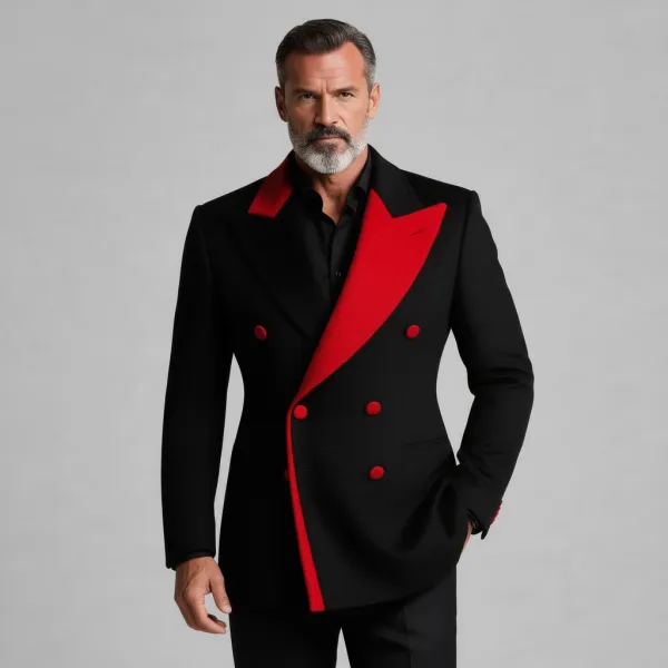 Men's Business Black And Red Contrast Peak Lapel Double Breasted Long Sleeve Blazer