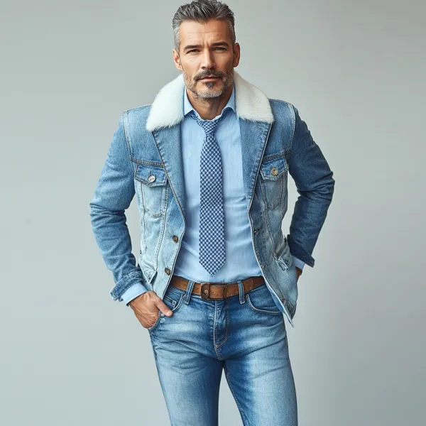 Men's Casual Short Plush Lapel Single Breasted Denim Jacket