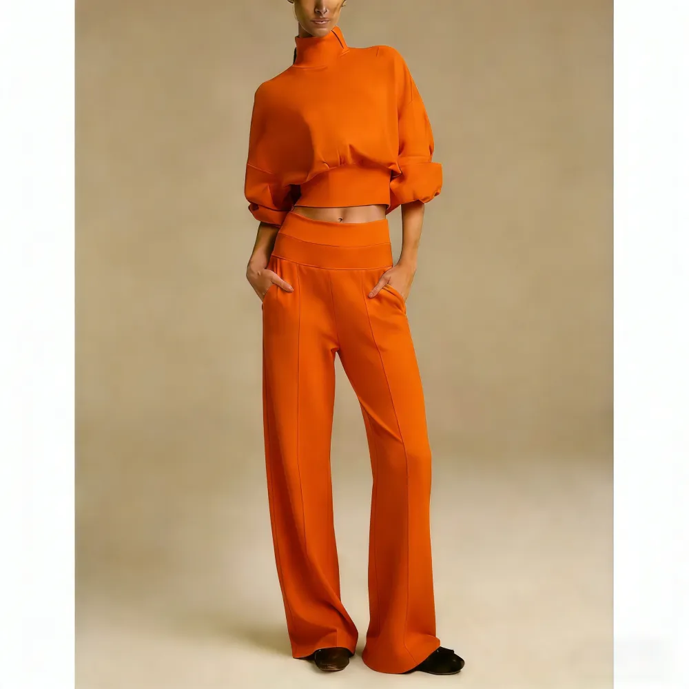 Turtleneck Puff-Sleeve Crop Top & Wide-Leg Pants Set