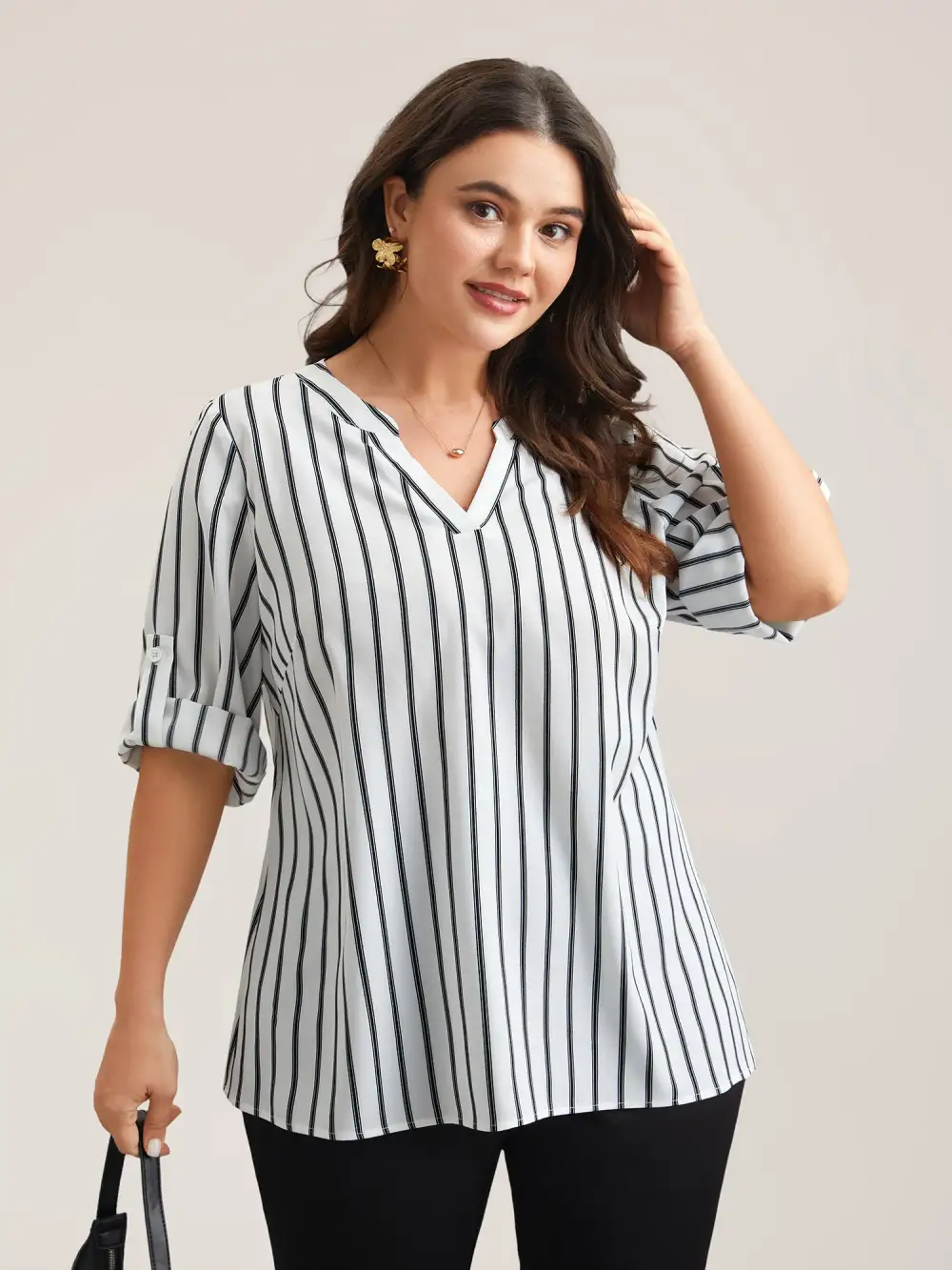 Notched Collar Striped Tab Sleeve Shirt