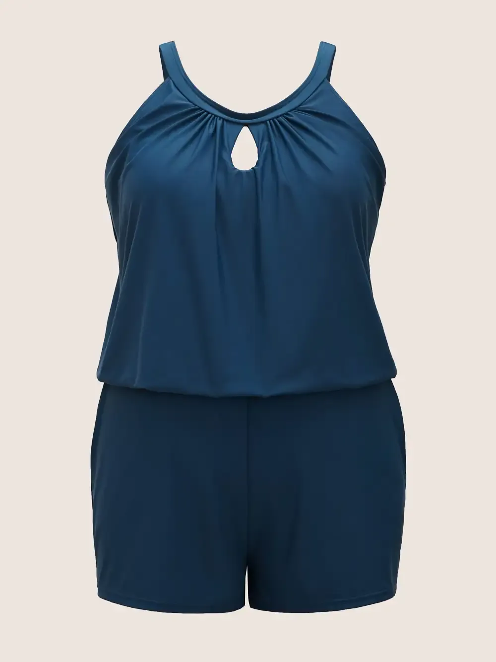 Solid Keyhole Elastic Waist Gathered One Piece Swimsuit