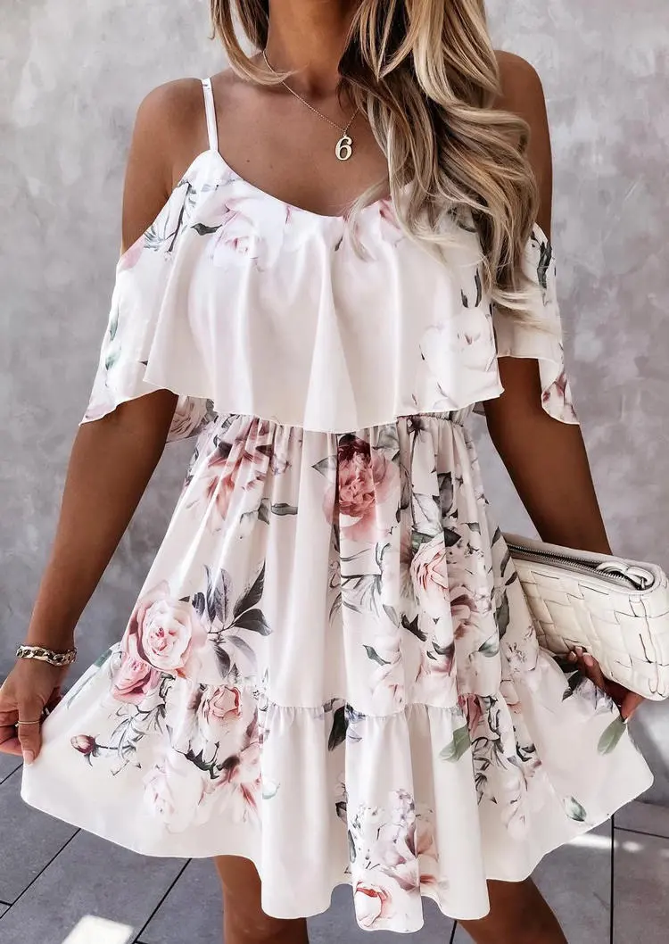 Floral Ruffled Layered Cold Shoulder Mini Dress