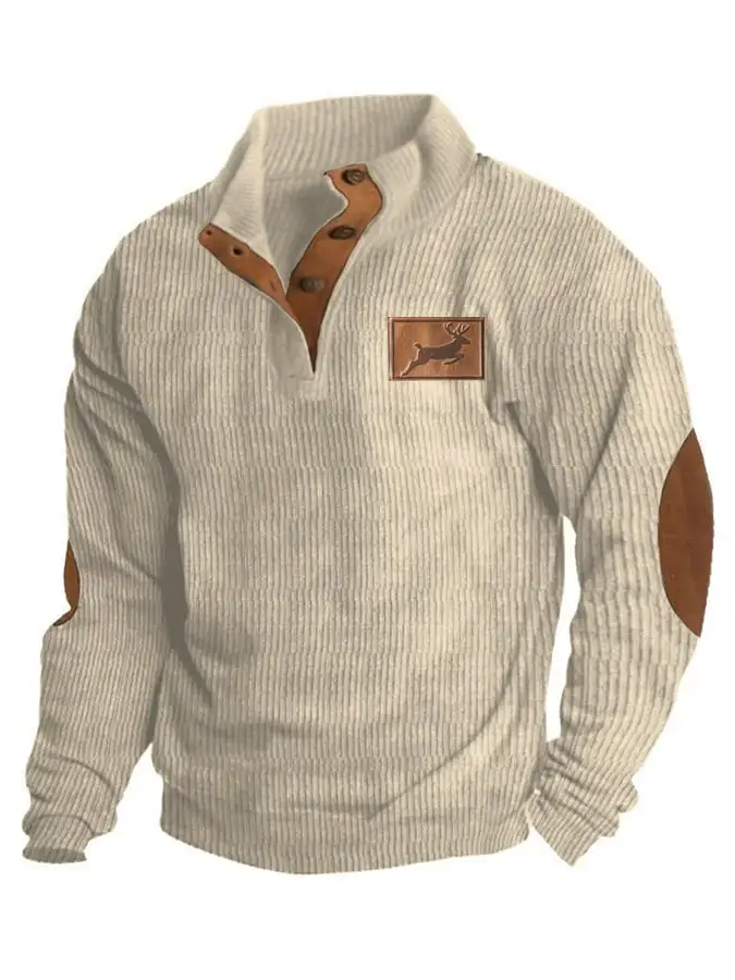 Corduroy Western Style Elk Print Stand Collar Button Down Men's Sweatshirt
