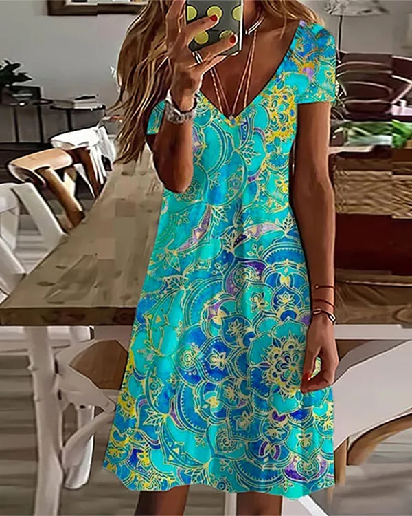 Ocean Blue Mandala Print Short Sleeve Knee-Length Mini Dress
