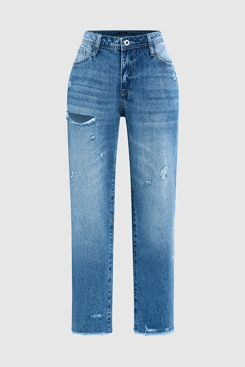 Ripped Raw Hem Zip Fly Jeans