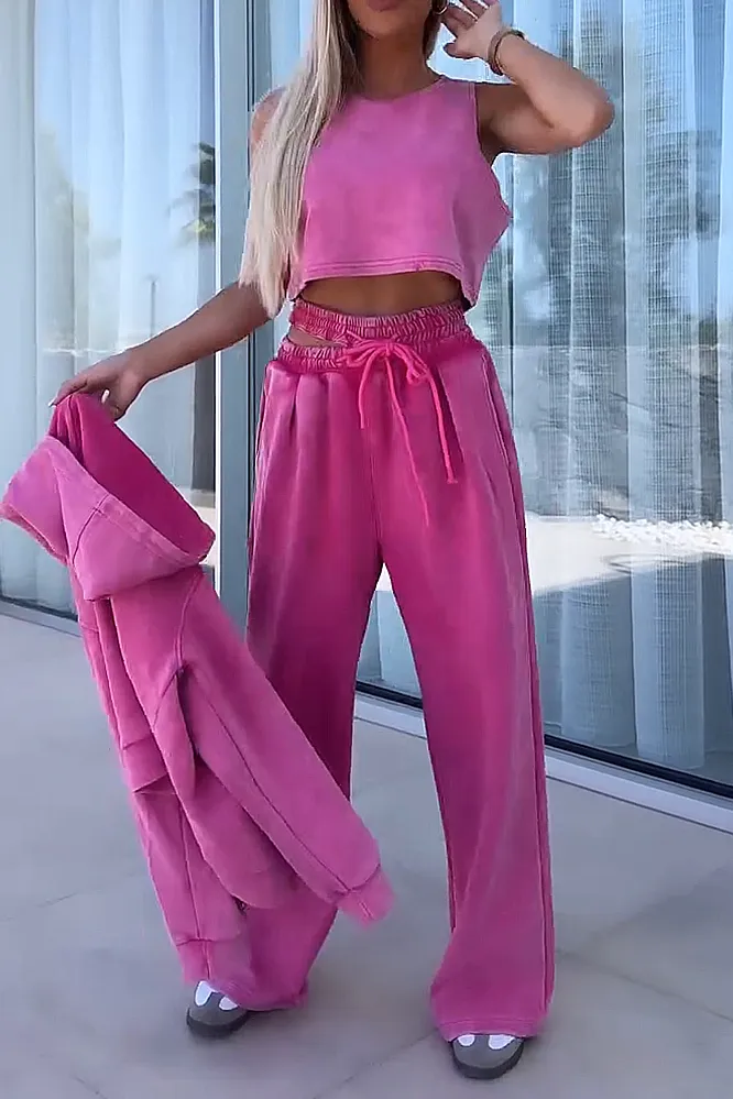 Women's Solid  Color Vest And Hooded Sweatshirt & Elastic Knitted Pants Three-piece Set