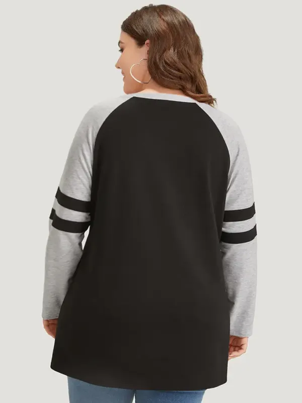 Letter & Floral Print Striped Patchwork Raglan Sleeve Sweatshirt