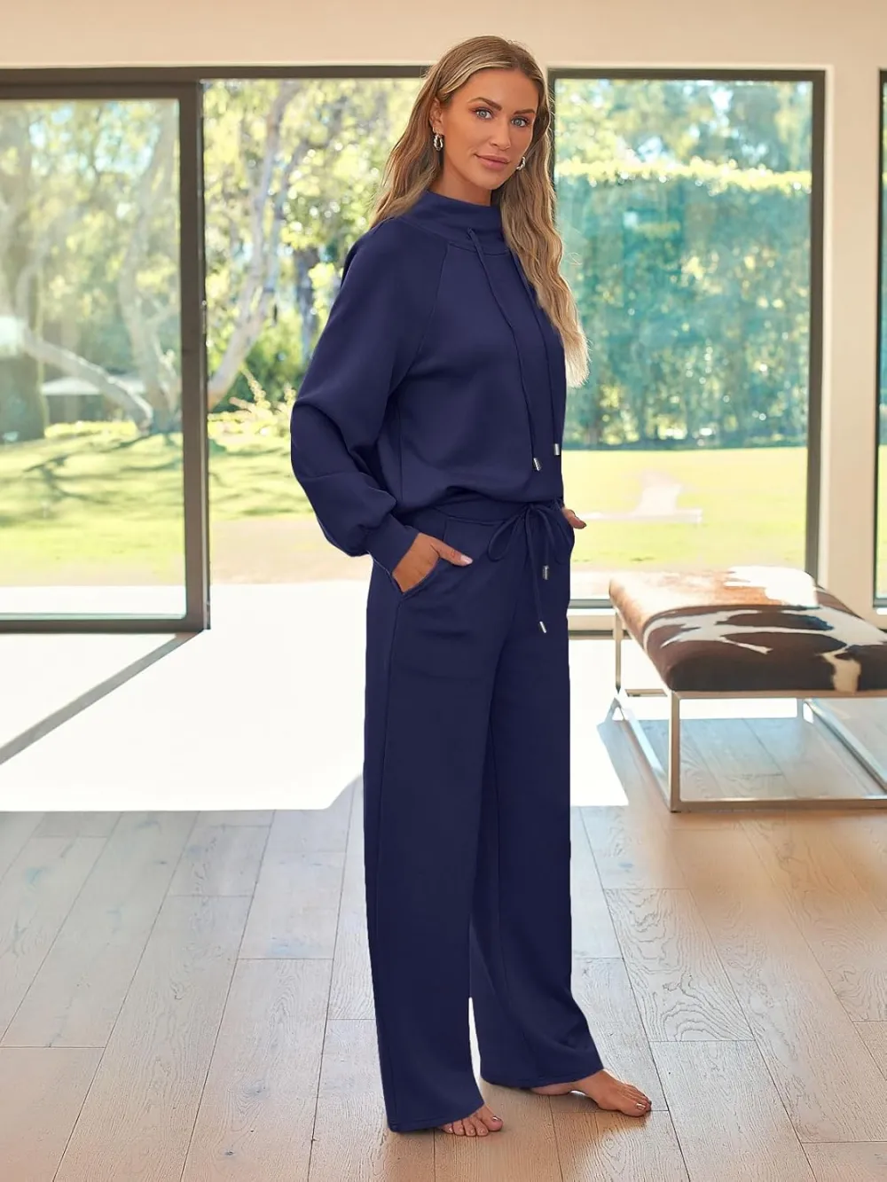 Lounge Sets for Women Sweatsuits 2 Piece Outfits 2024 Fall Drawstring Sweatshirt Wide Leg Sweatpants Tracksuit