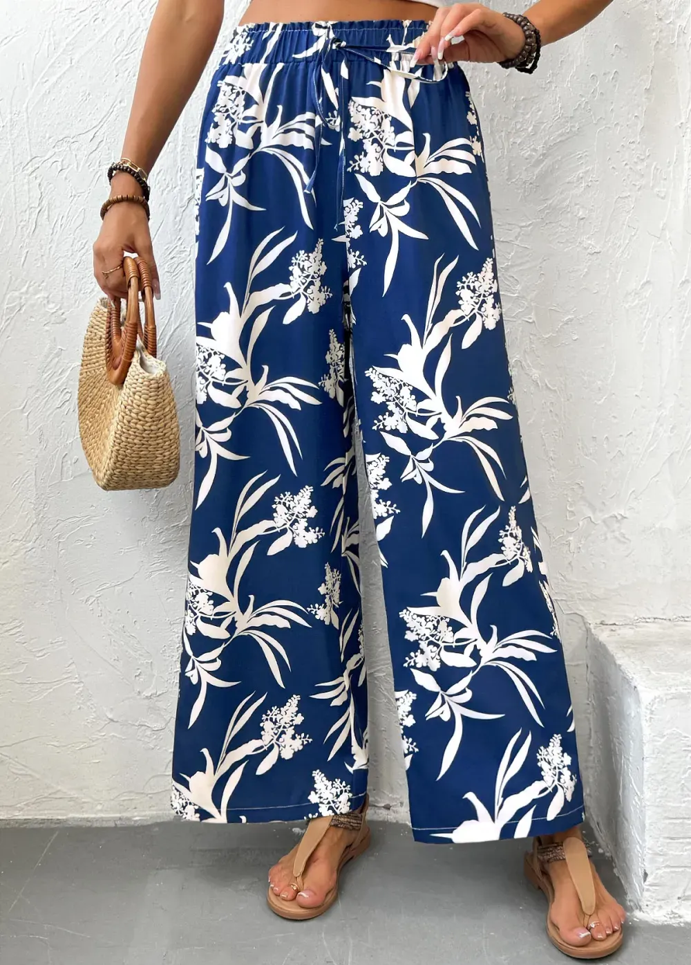 Dark Blue Plants Print Wide Leg Elastic Waist Pants