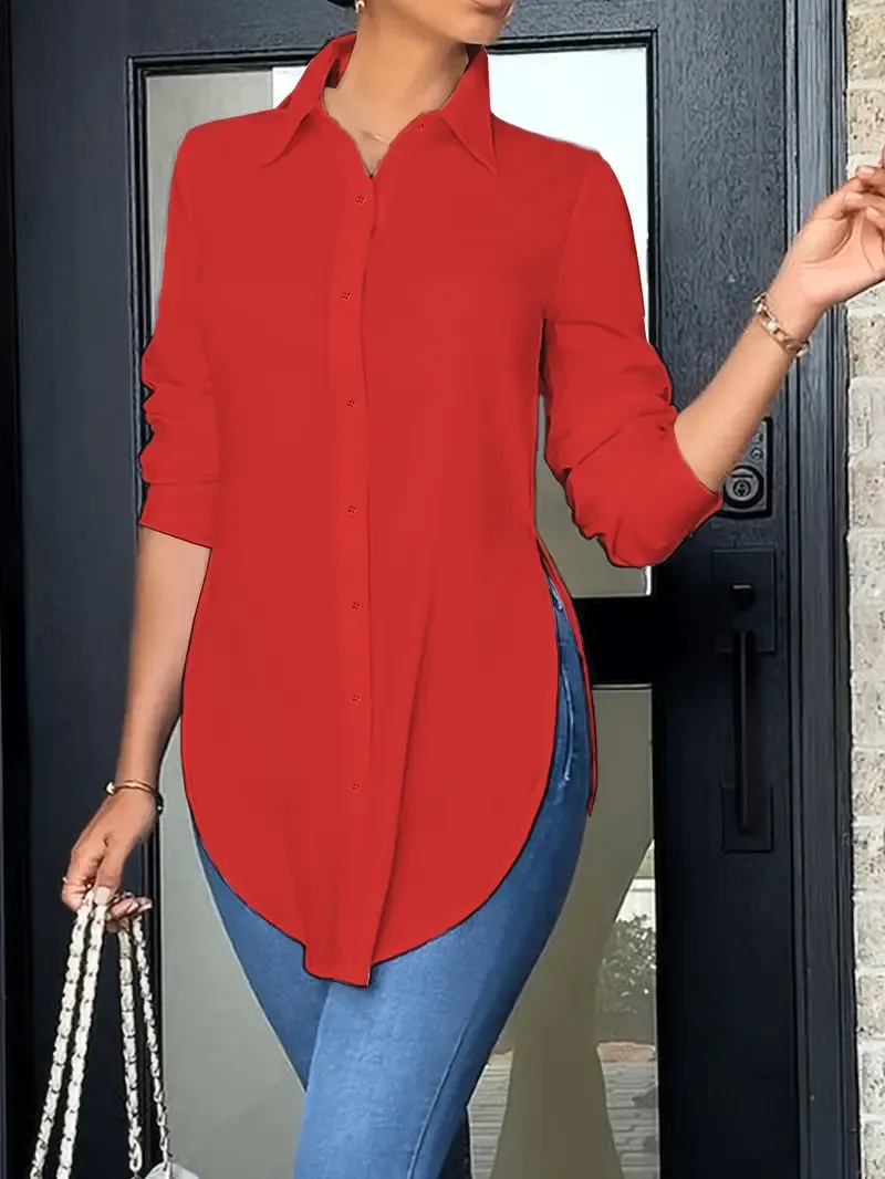 Women's Long Sleeve Shirt - Split Button Front, Casual Curved Hem