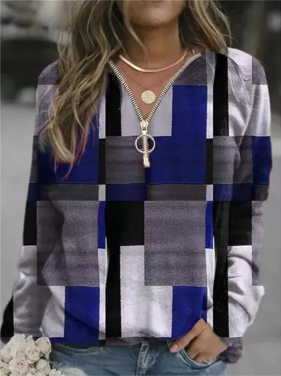 Women Long Sleeve V-neck Geometric Colorblock Top