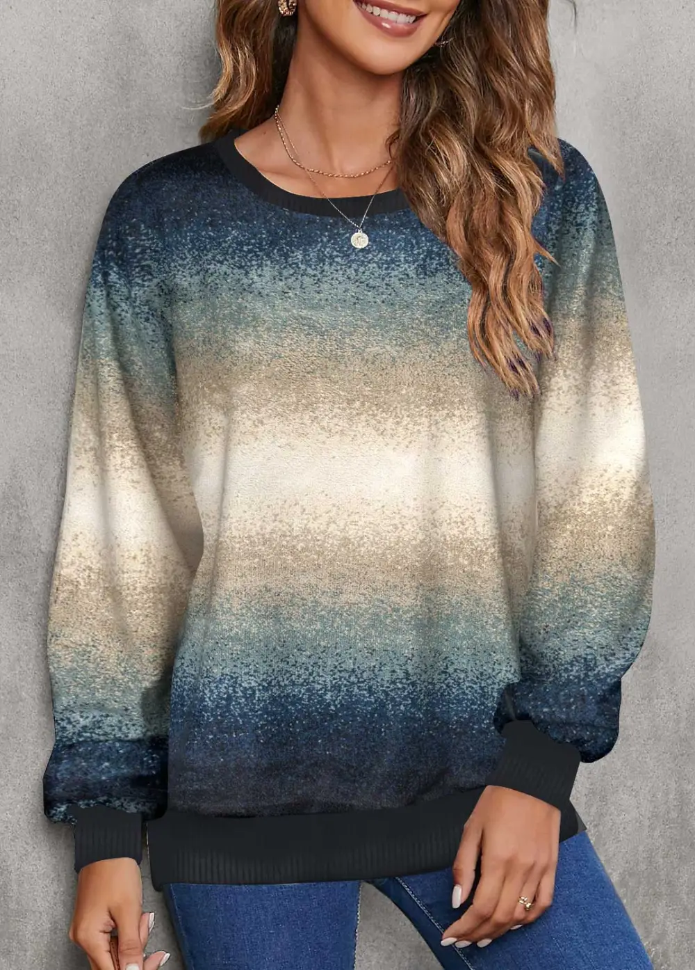 Multi Color Patchwork Ombre Long Sleeve Round Neck Sweatshirt