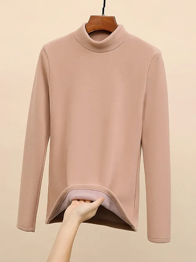Women's Sweatshirt Sherpa Fleece Lined Plain Warm Daily Fuzzy Black Yellow Pink Casual High Neck Long Sleeve Fleece lined Micro-elastic Fall & Winter