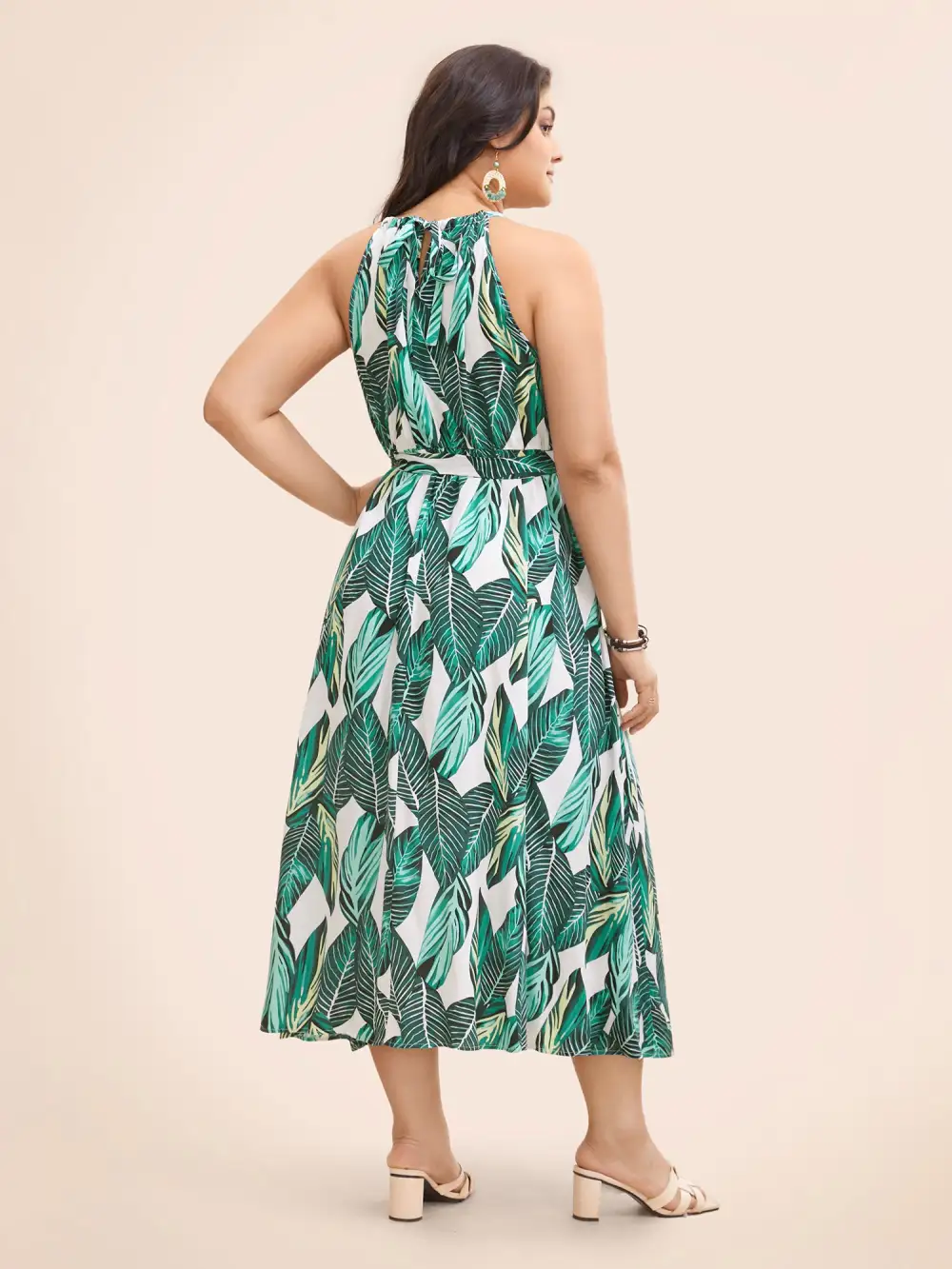 Tropical Print Knotted Pocket Ruffles Belted Halter Dress