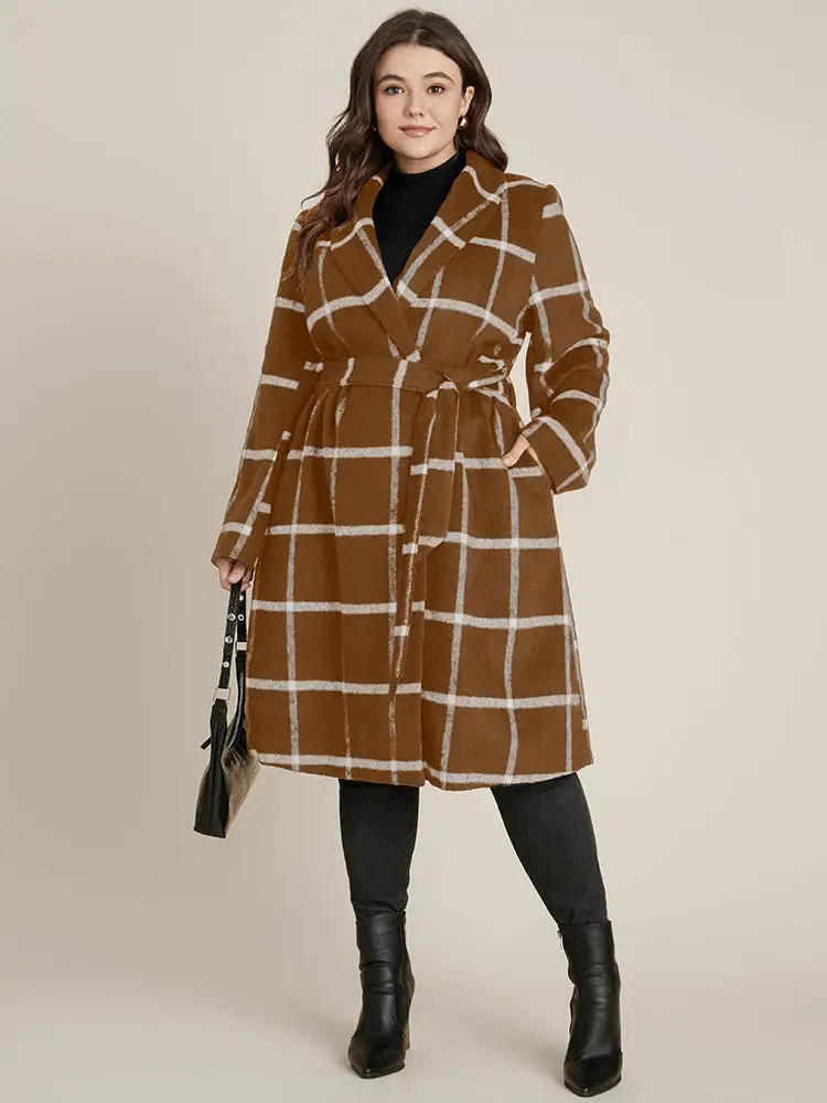 Plaid Lapel Collar Belted Pocket Coat