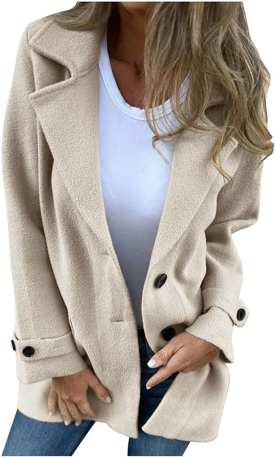 Women Wool Blend Coat 2024 Fall Lapel Single Breasted Mid Length Trench Coat Jacket Open Front Solid Long Sleeve Jacket