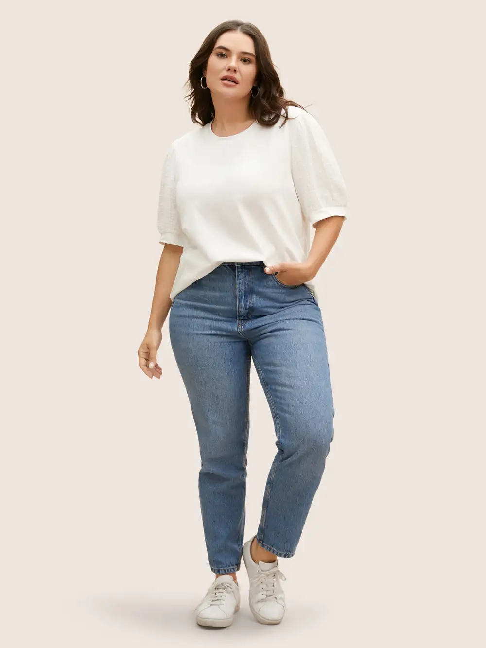 Plain Textured Patchwork Lantern Sleeve T-Shirt