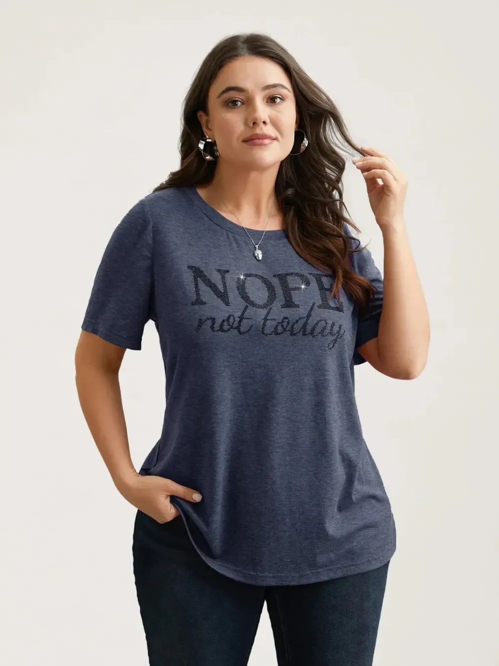 Nope Not Today Print Rhinestone Round Neck T-Shirt
