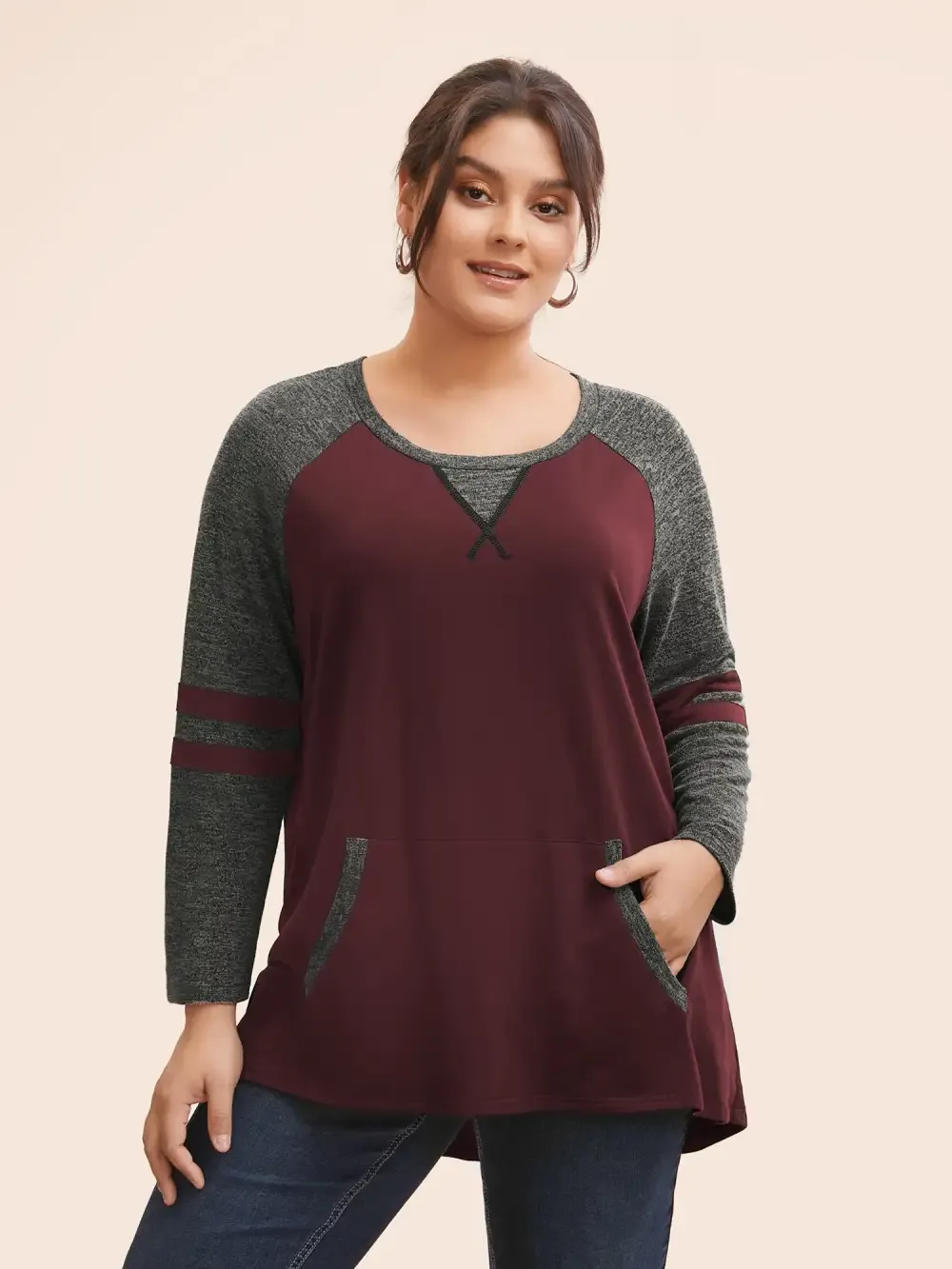 Striped Contrast Pocket Raglan Sleeve High Low Hem Sweatshirt