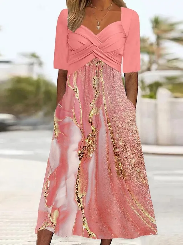 Women's Casual Dress Summer Dress Print Dress Ombre Marble Print Pocket Twist V Neck Midi Dress Active Fashion Outdoor Daily Short Sleeve Regular Fit Pink Blue Summer Spring S M L XL XXL