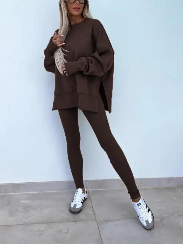 Women's Solid Drop Shoulder Sweatshirt & Pants Set – Casual, Cozy, All-Season Sportswear