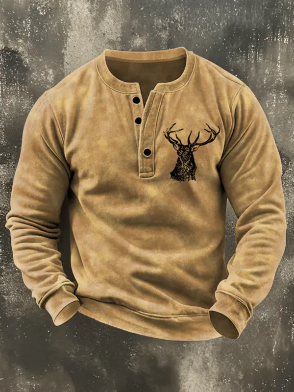 Men's Vintage Western Elk Print Henley Neck Sweatshirt