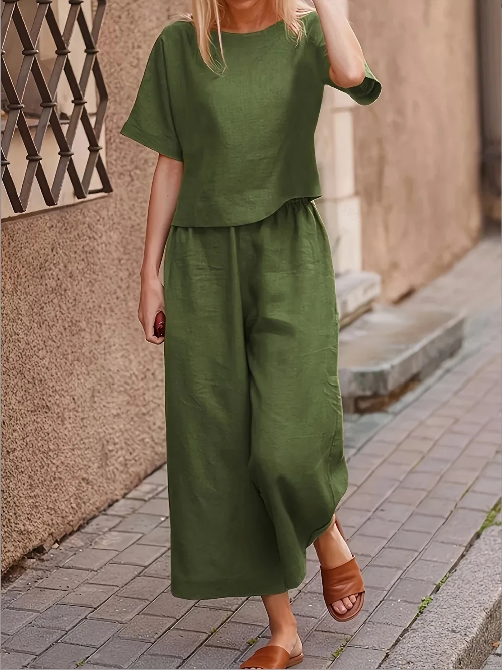 Two-piece Set, Solid Crew Neck Casual T-Shirt & Wide Leg Pants