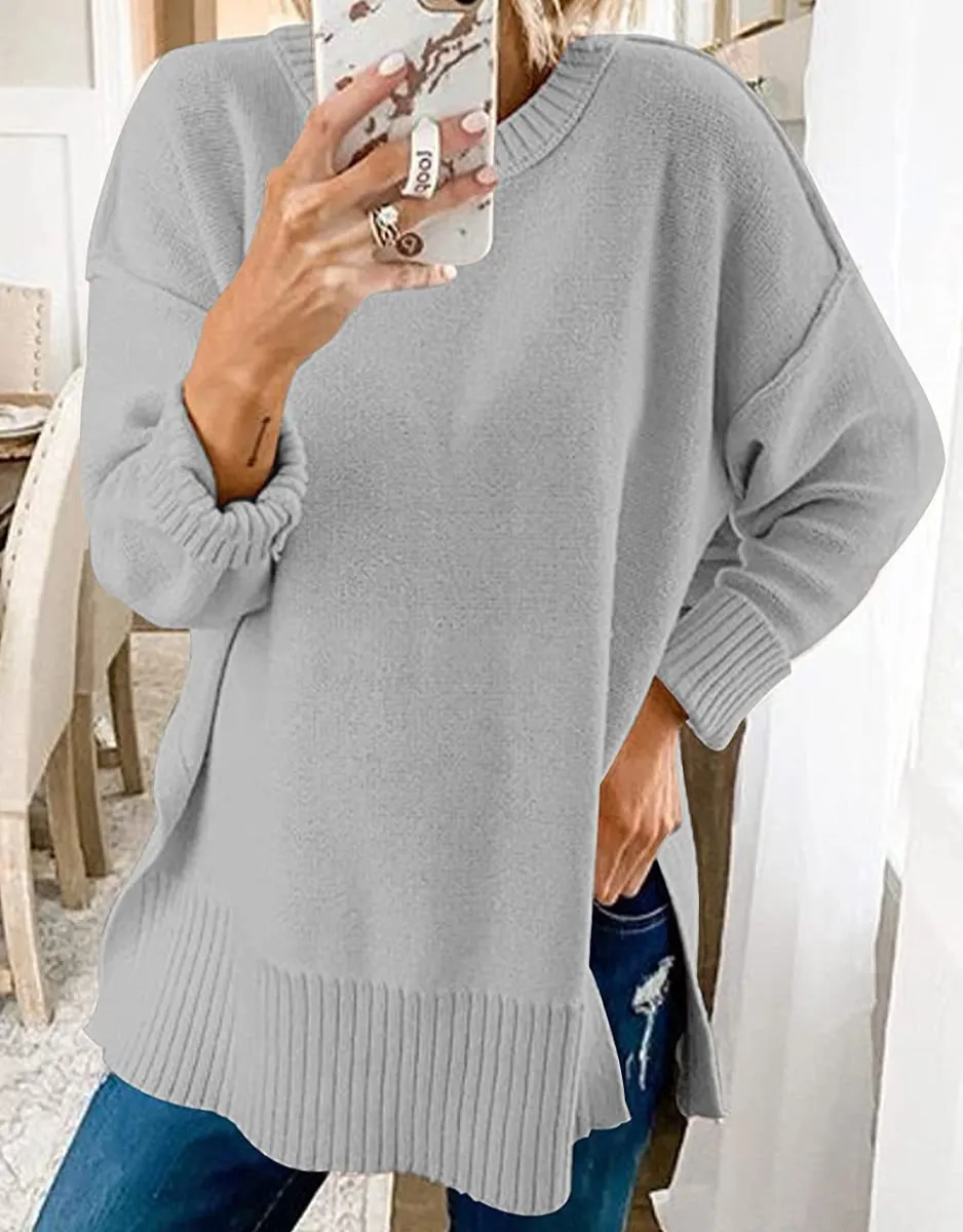 Women With Round Neck Long Sleeves And Slit Sweaters