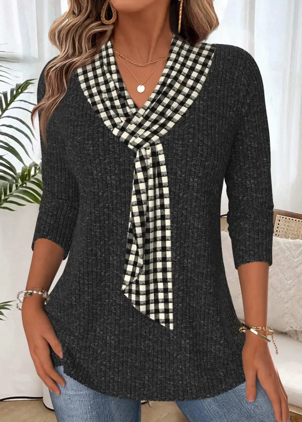 Black Tummy Coverage Plaid 3/4 Sleeve T Shirt