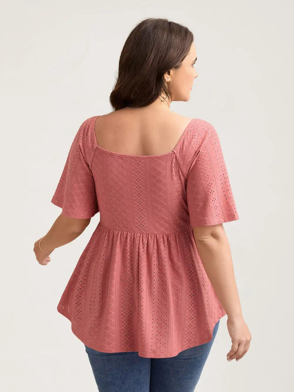 Textured Front-Twist Eyelet Trim Plain Top