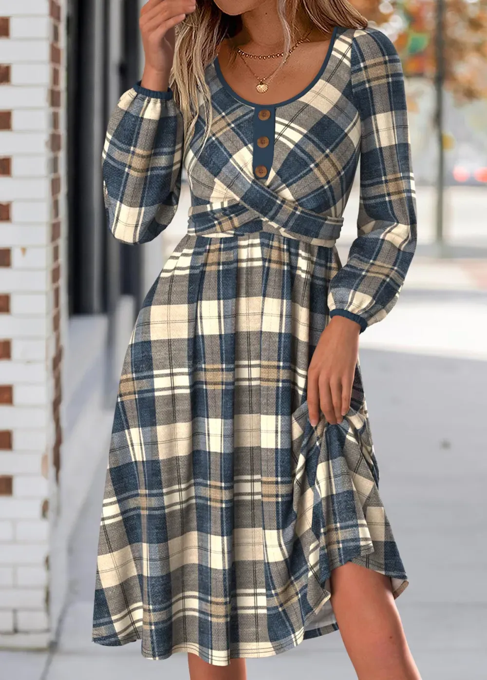 Multi Color Tummy Coverage Plaid Long Sleeve Dress