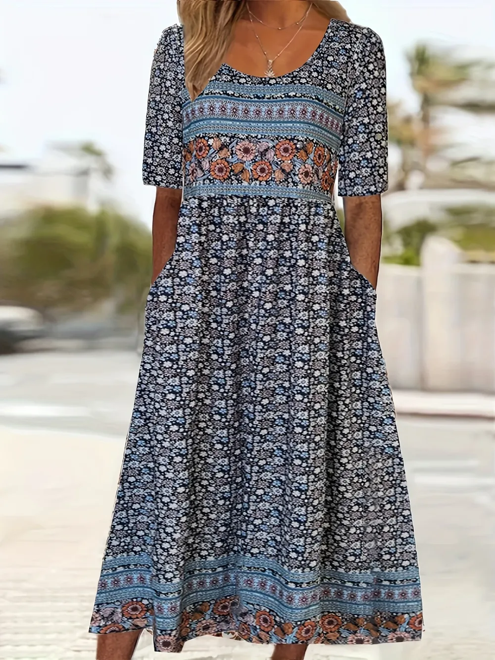 Floral Print Crew Neck Dress, Casual Short Sleeve Dress For Spring & Summer
