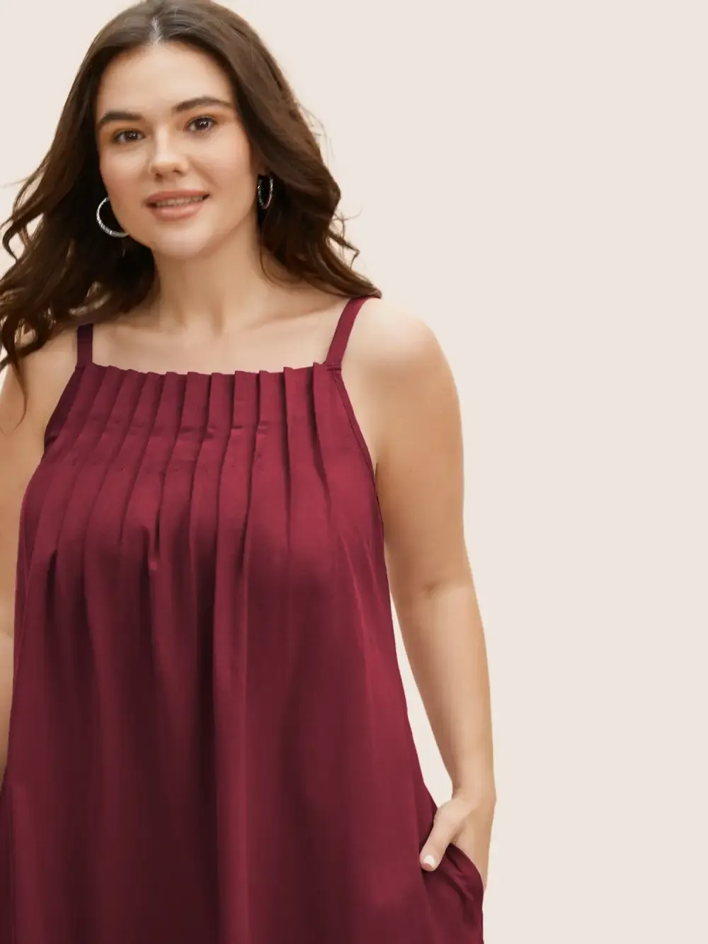 Cotton Plain Pleated Loose Fit Cami Dress