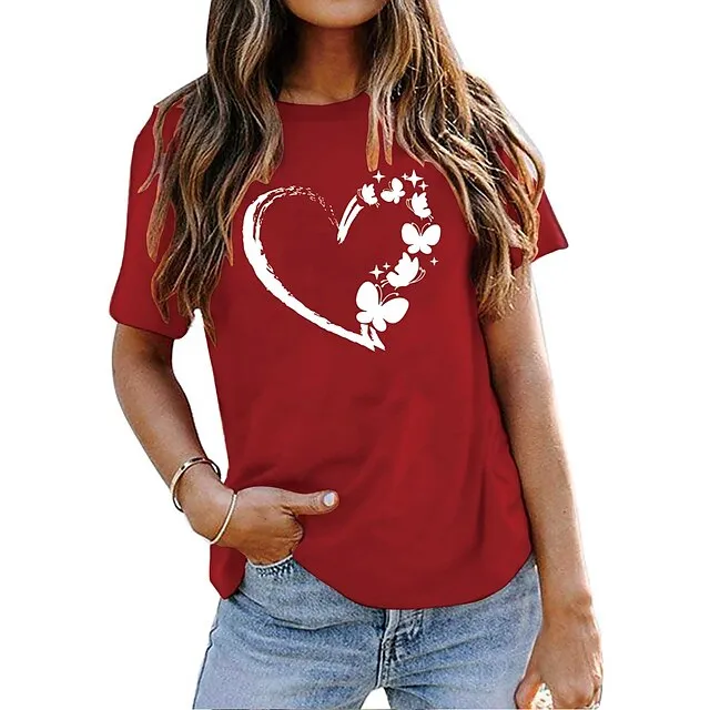 Women's T shirt Tee Cotton 100% Cotton Butterfly Heart pea green Black White Basic Print Short Sleeve Home Daily Date Basic Round Neck Regular Fit T-shirt Sleeve Summer