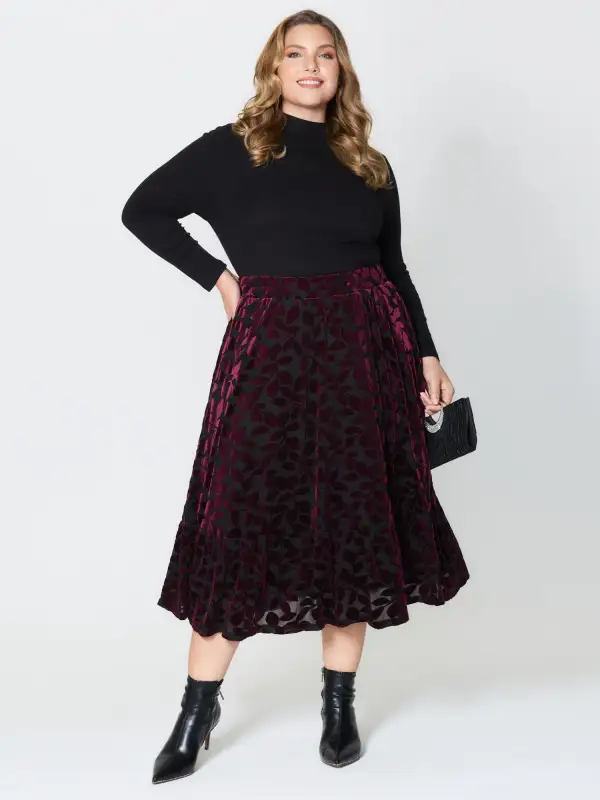 Laser-Cut Velvet Pleated Maxi Skirt