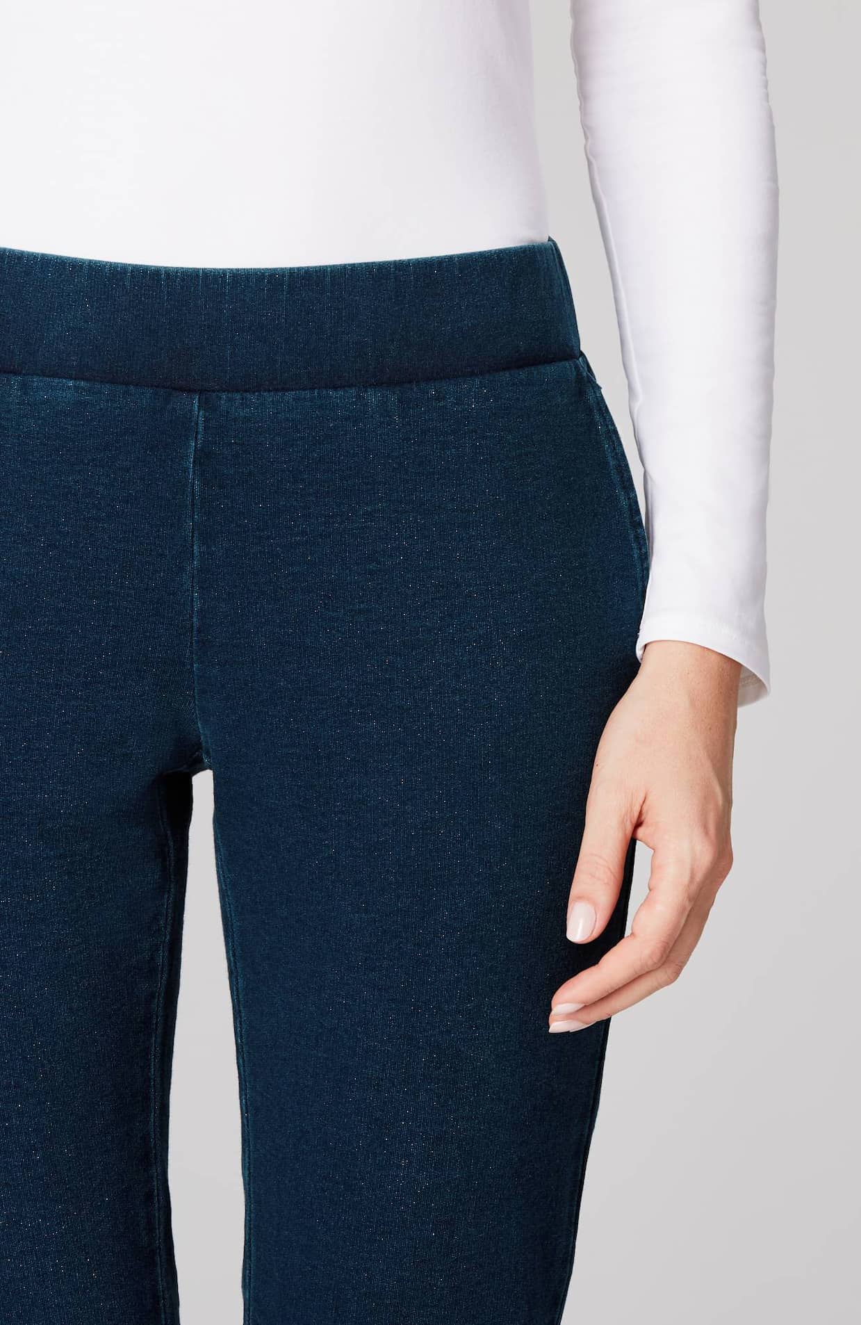 pure jill indigo knit cropped slim-leg jeans